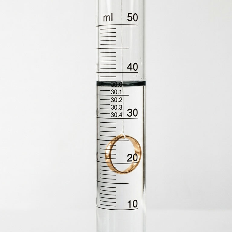 Goldring hängt an einem dünnen Faden in einem schmalen Reagenzglas — Wassertest zur Bestimmung der Dichte nach Archimedes